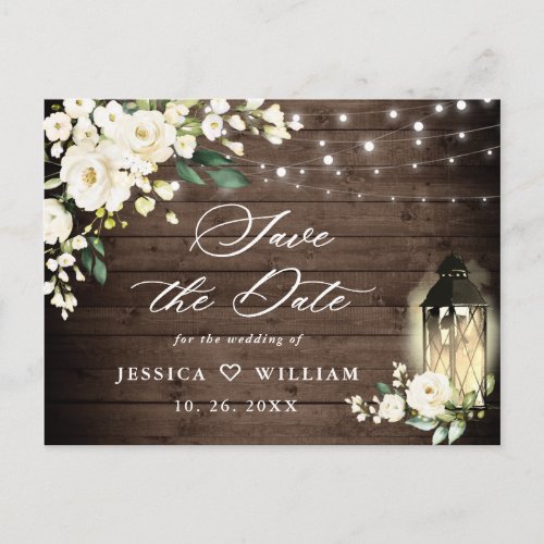 Wood White Roses Rustic Wedding Save the Date Postcard