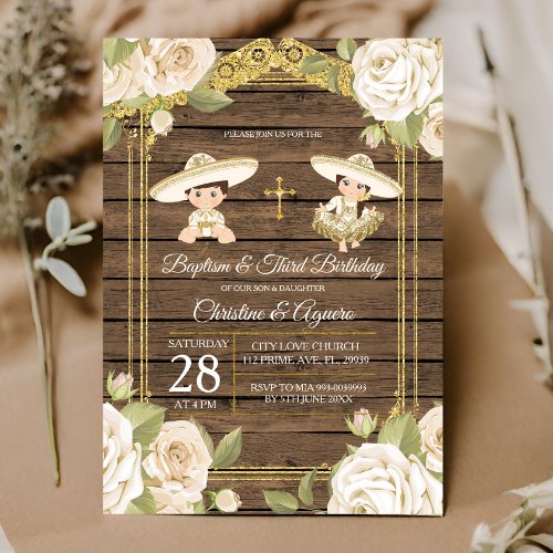 Wood White Roses Twin Baptism  Third Birthday Invitation