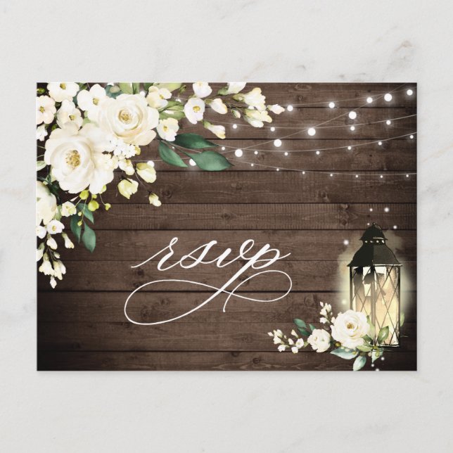 Wood & White Roses Wedding RSVP with Meal Choice Postcard (Front)