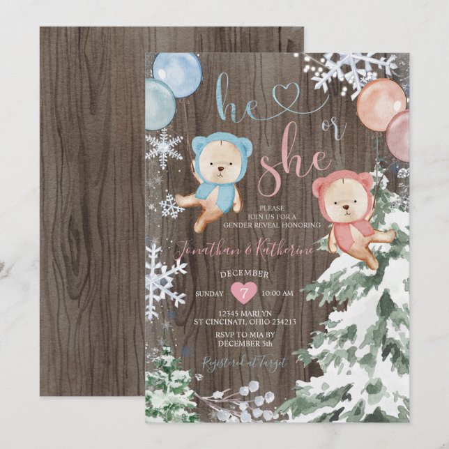 Wood Winter Bear Gender Reveal Snowflakes  Invitation (Front/Back)