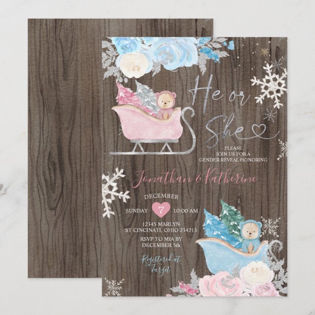 Wood Winter Bear Gender Reveal Snowflakes  Invitation (Front/Back)