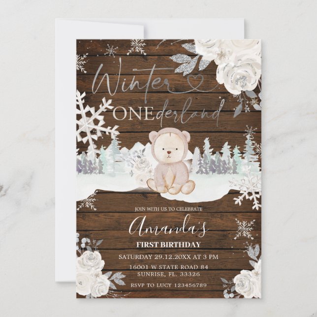 Wood Winter Bear Onederland Snowflake Birthday Invitation (Front)