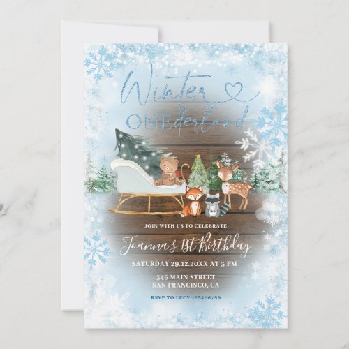 Wood Winter Onederland Blue Animal Birthday  Invitation