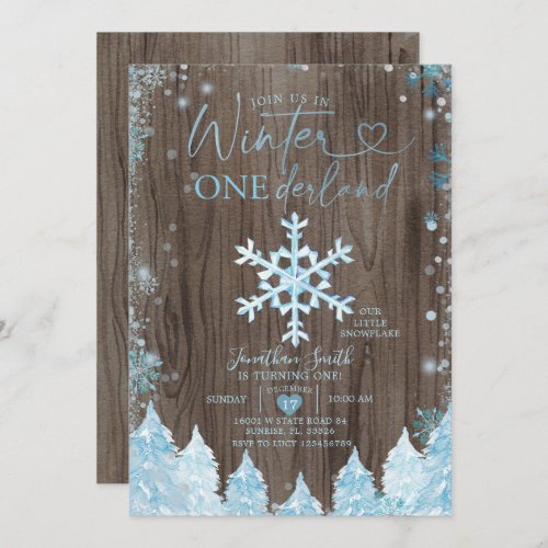 Wood Winter Onederland Blue Snowflake Birthday  Invitation