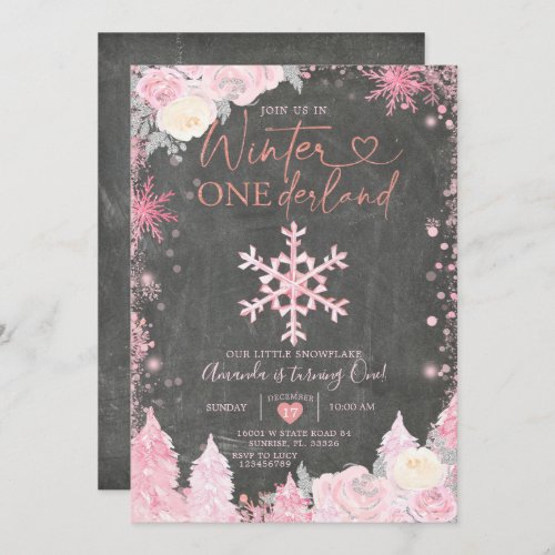 Wood Winter Onederland Pink Snowflake Birthday  Invitation