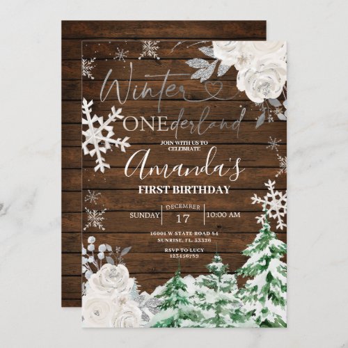 Wood Winter Onederland Snowflake Floral Birthday Invitation