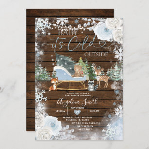 Wood Winter Pastel Blue Snowflake Baby Shower Invitation