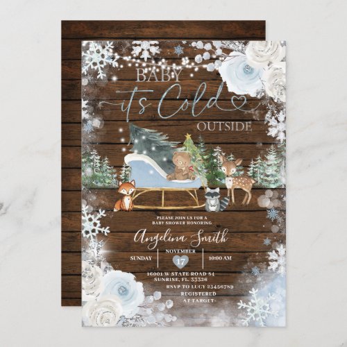 Wood Winter Pastel Blue Snowflake Baby Shower  Invitation