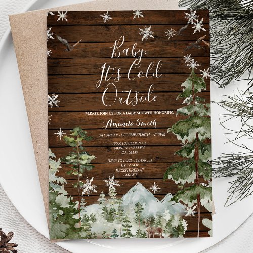 Wood Winter Pine Tree Cold Outside Baby Shower Invitation