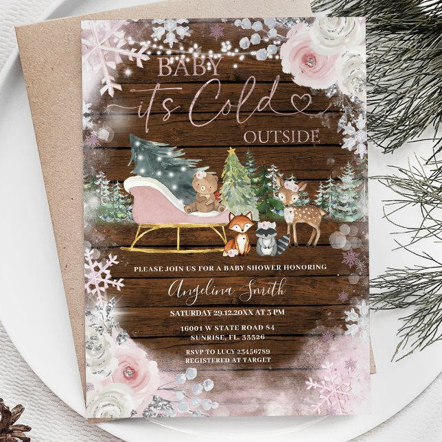 Wood Winter Pink Snowflake Sleigh Baby Shower  Invitation (Creator Uploaded)