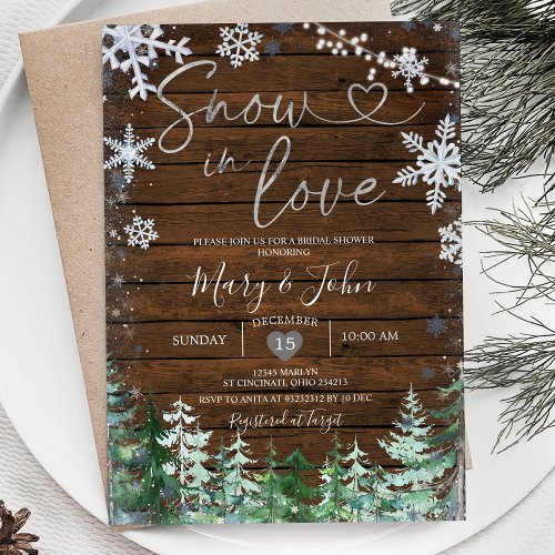 Wood Winter Snow in Love Snowflake Bridal Shower Invitation