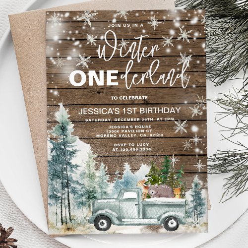 Wood Winter Truck Onederland Forest 1st Birthday Invitation