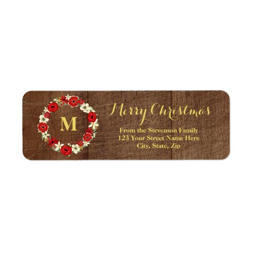 Wood Wreath Gold Christmas Address Label