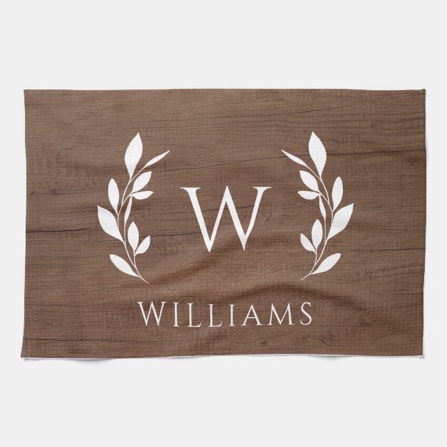 Wood Wreath Initial Monogram Last Name Kitchen Towel (Horizontal)