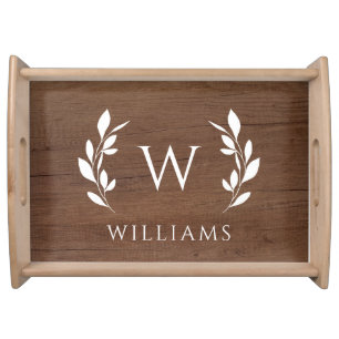 Wood Wreath Initial Monogram Last Name Serving Tray
