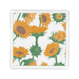 Woodblock Print Sunflower orange Acrylic Tray