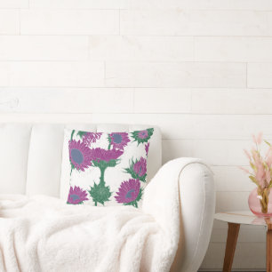 Woodblock Print Sunflower pink Throw Pillow