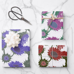 Woodblock Print Sunflower purple red pink Wrapping Paper Sheets