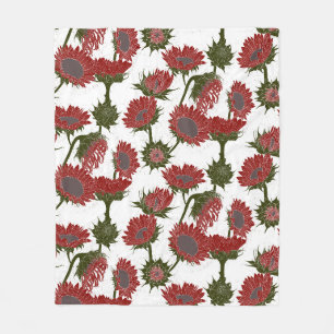 Woodblock Print Sunflower red Fleece Blanket