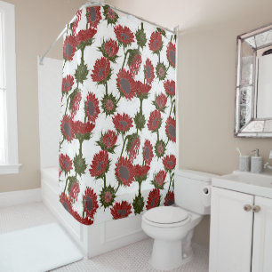 Woodblock Print Sunflower red Shower Curtain