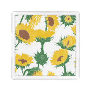 Woodblock Print Sunflower yellow Acrylic Tray