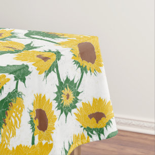 Woodblock Print Sunflower yellow Tablecloth