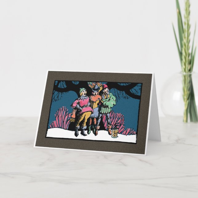 Woodblock-Style Medieval Carolers Holiday Card (Front)