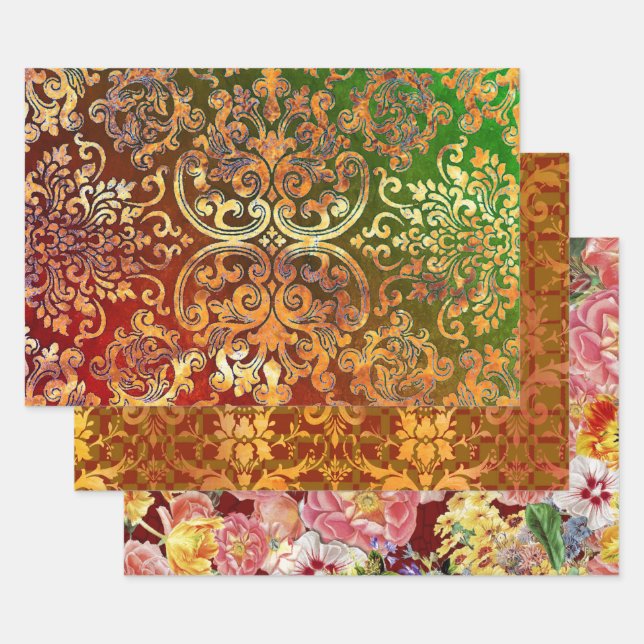 Woodbury Damask and Flower Festival Wrapping Paper Sheets (Set)