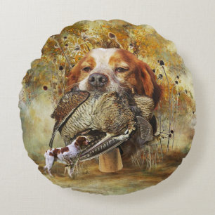 Woodcock hunting with Brittany Spaniel Round Pillow