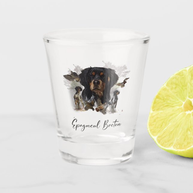 Woodcock hunting with Brittany Spaniel   Shot Glass (Front)