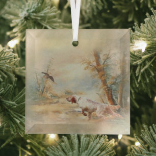 Woodcock Hunting with English Setter in forest, Ar Glass Ornament
