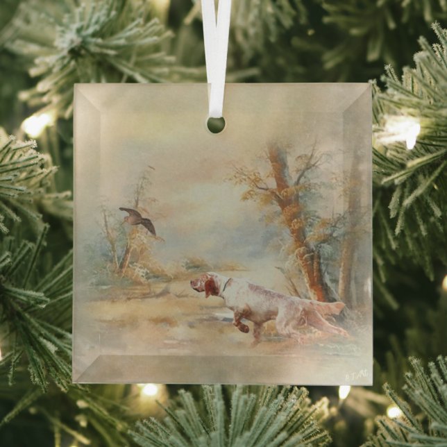 Woodcock Hunting with English Setter in forest, Ar Glass Ornament (Insitu)
