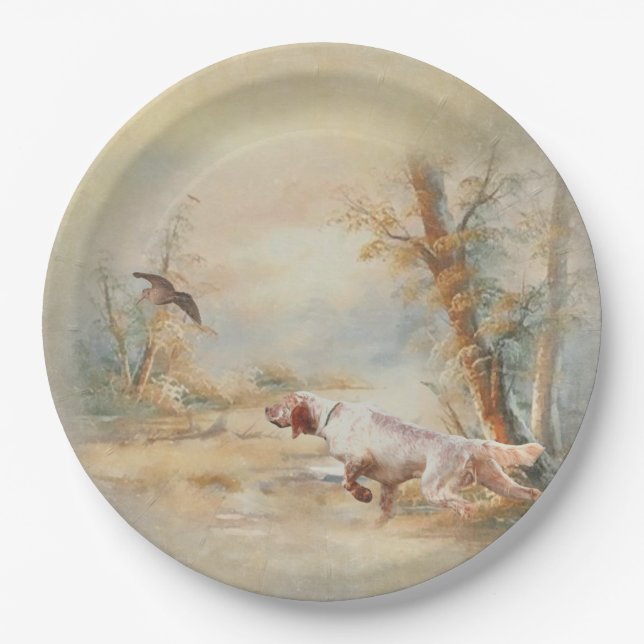 Woodcock Hunting with English Setter in forest, Ar Paper Plates (Front)