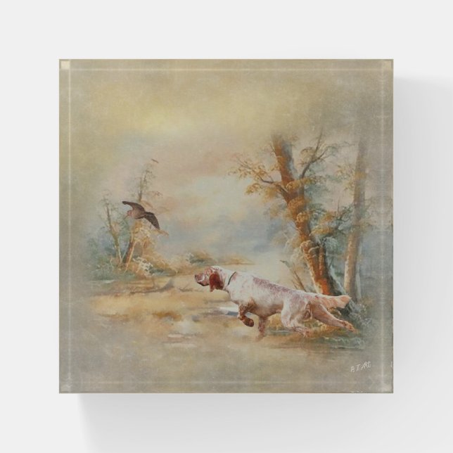 Woodcock Hunting with English Setter in forest, Ar Paperweight (Front)