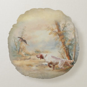 Woodcock Hunting with English Setter in forest, Ar Round Pillow