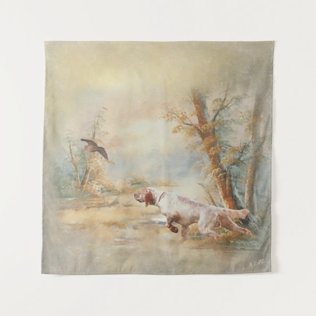Woodcock Hunting with English Setter in forest, Ar Tapestry (Front)