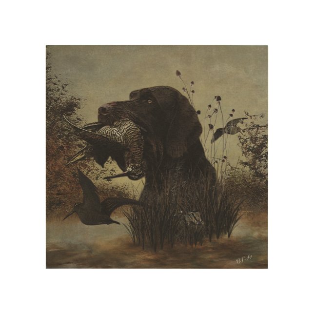 Woodcock Hunting with German Wirehaired Pointer  Wood Wall Art (Front)