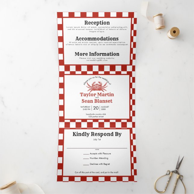 Woodcut Crab Beach All in One Wedding Tri-Fold Invitation (Inside)