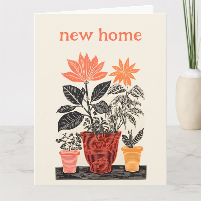 Woodcut effect house plants new home, your message thank you card (Front)