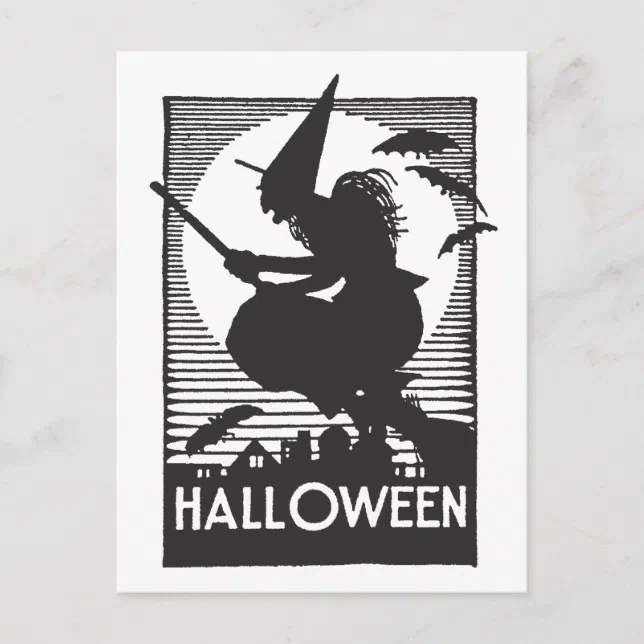 Woodcut Halloween Witch Postcard | Zazzle