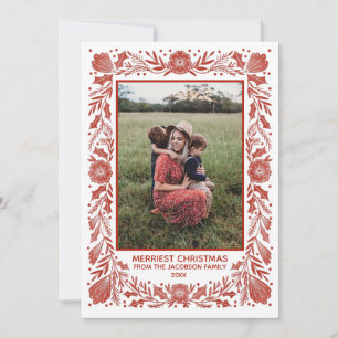 Woodcut Holiday Botanical Frame Red Photo Card