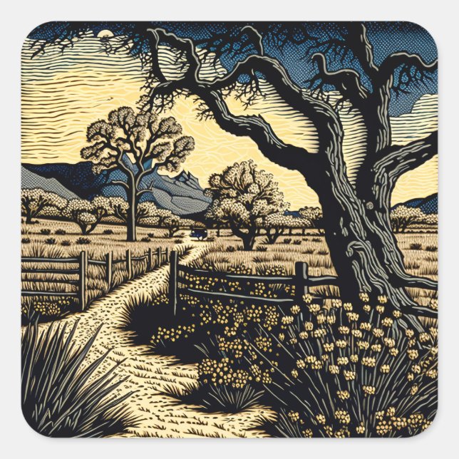 Woodcut Landscape Square Sticker (Front)