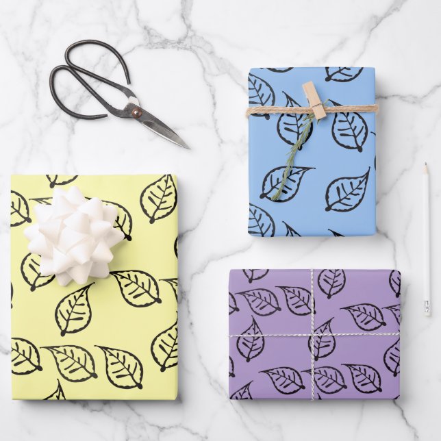 Woodcut Leaf Pattern on Pastel Wrapping Paper Sheets (Front)