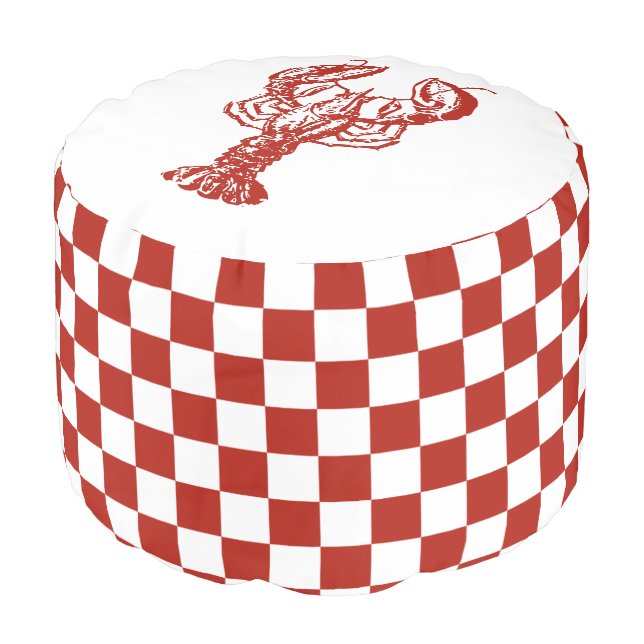 Woodcut Lobster Red and White Checkerboard Pouf (Angled Front)