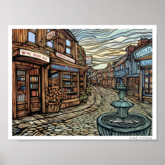 WOODCUT OF A EUROPEAN STREET POSTER