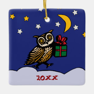 Woodcut Owl with a Gift Snowy Night Winter Holiday Ceramic Ornament