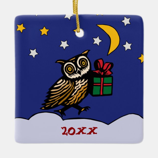 Woodcut Owl with a Gift Snowy Night Winter Holiday Ceramic Ornament (Front)