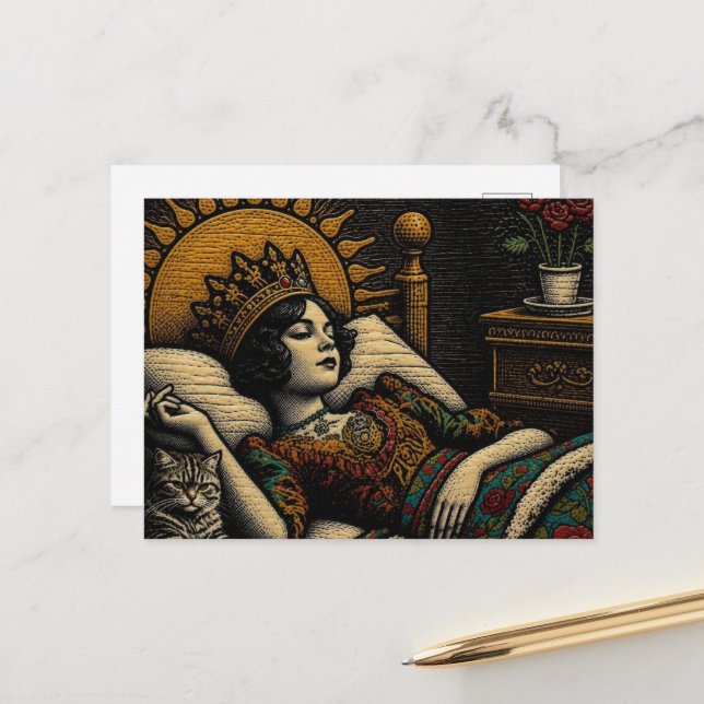 Woodcut Queen and Her Cat in Bed Postcard (Front/Back In Situ)
