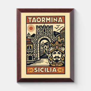 Woodcut Red Yellow Taormina Sicily Porta Messina Award Plaque
