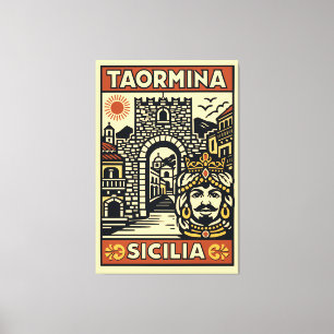 Woodcut Red Yellow Taormina Sicily Porta Messina Canvas Print